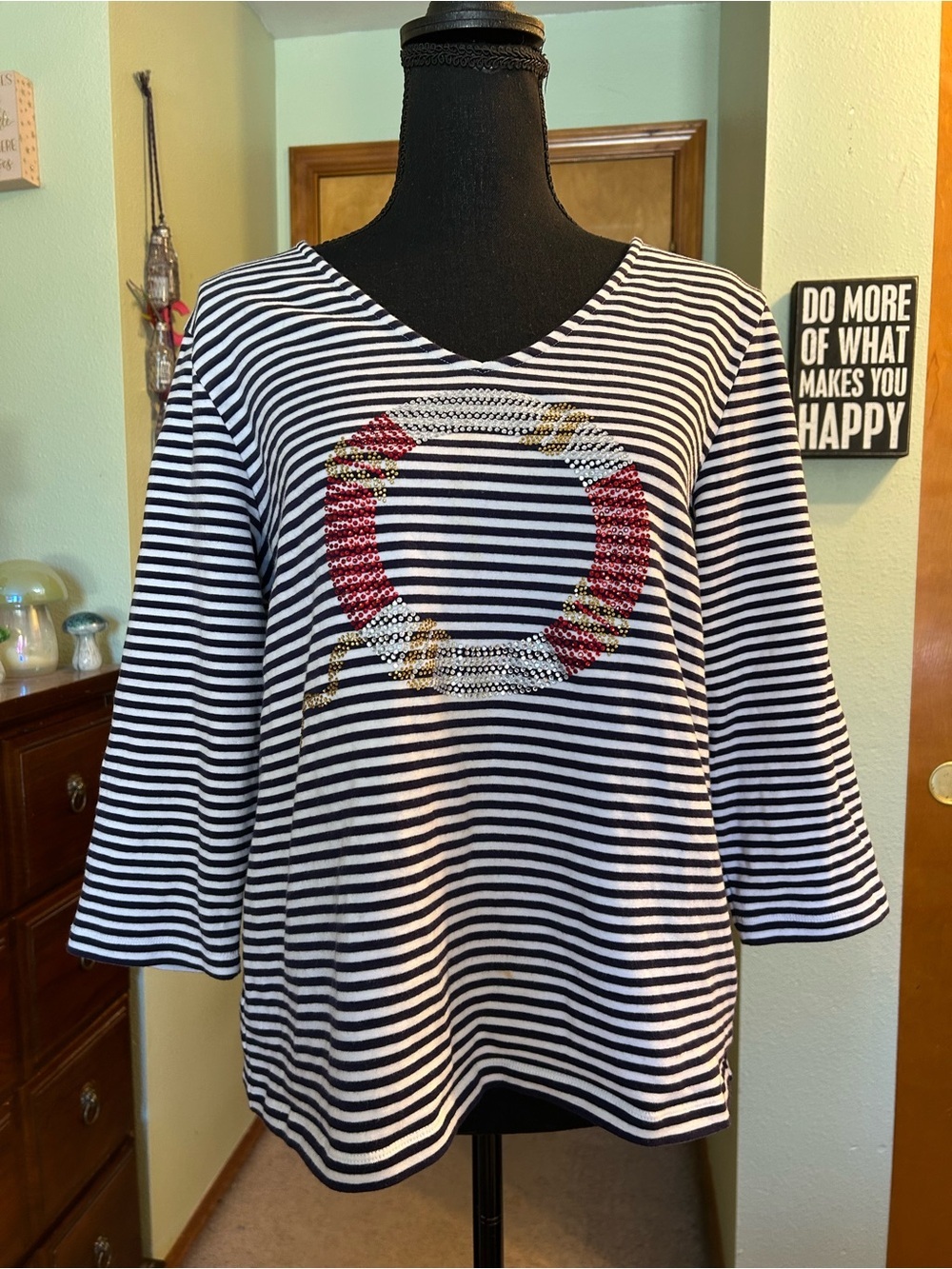 Chico’s navy and white striped 3/4 sleeve v-neck top rhinestone image size 3, XL